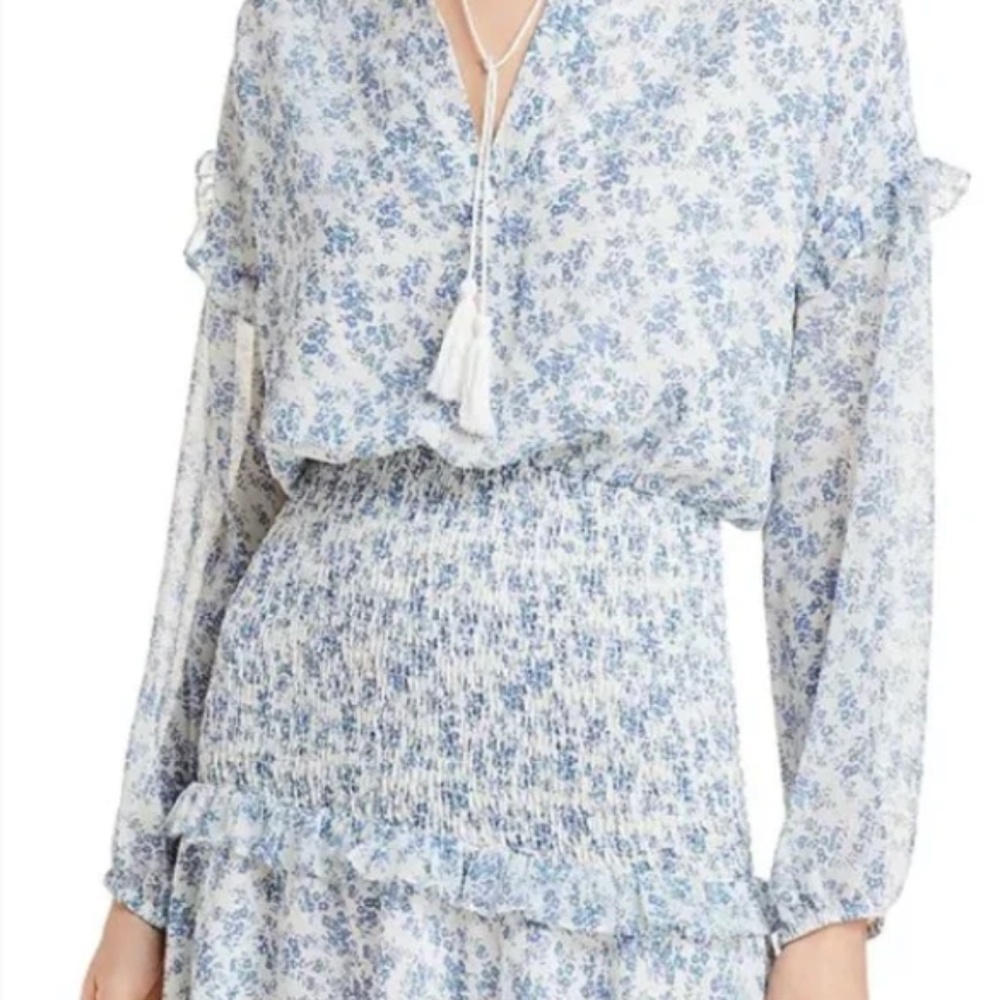 Aqua Floral Print Mini Dress ruffles bohemian cottage core size large